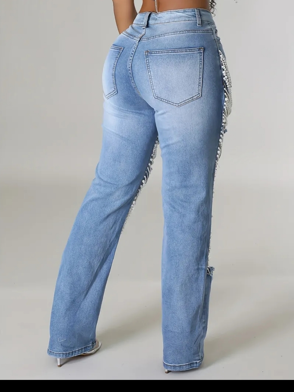 Light Blue Pearl-Embellished Distressed Women's Jeans - Picture 5 of 9